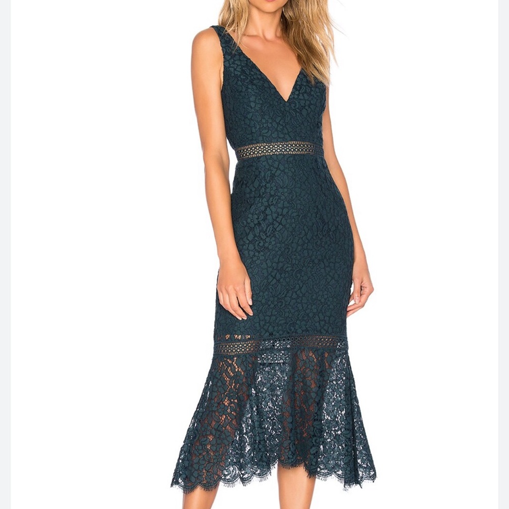 Bardot Sienna Trumpet Dress in Ash Blue Lace V Neck Fit & Flare - Revolve